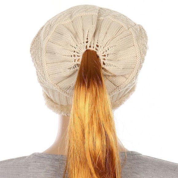 Diona J Women Golf Fur Trim Ponytail Beanie Ski Beige Hat Cap Beanie tail - Picture 3 of 4